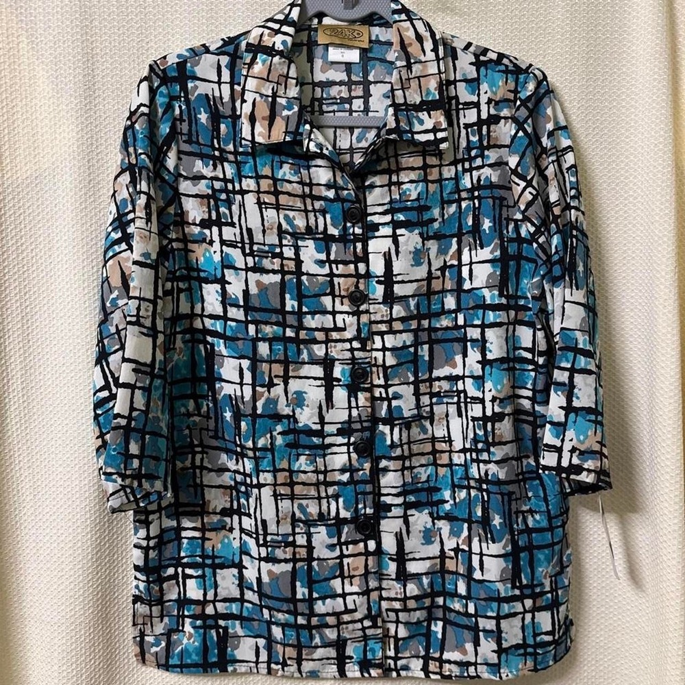 24K Trends Teal White Abstract Print Button Up Blouse Vintage Size 8 NWT